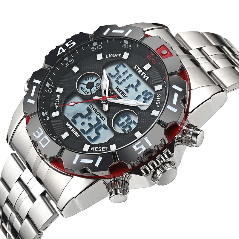 Stryve S8011 Chronographe Alarme Calendrier Acier Inoxydable Sport Montre Numérique Double Affichage