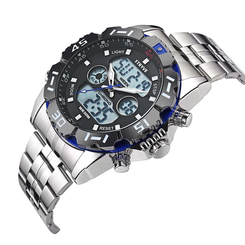 Stryve S8011 Chronographe Alarme Calendrier Acier Inoxydable Sport Montre Numérique Double Affichage