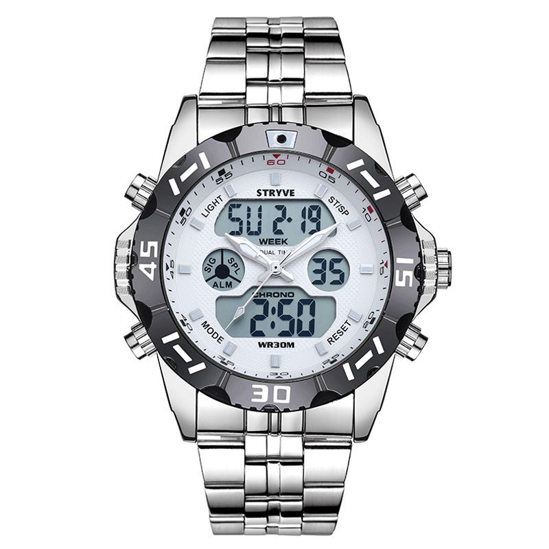 Stryve S8011 Chronographe Alarme Calendrier Acier Inoxydable Sport Montre Numérique Double Affichage