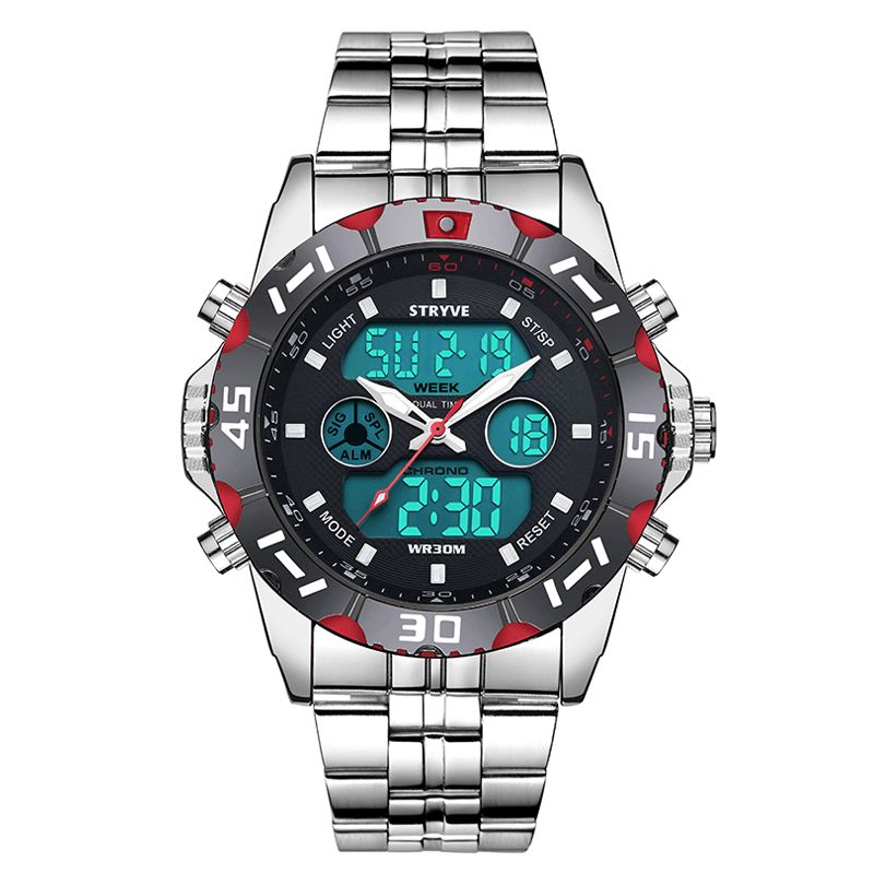 Stryve S8011 Chronographe Alarme Calendrier Acier Inoxydable Sport Montre Numérique Double Affichage