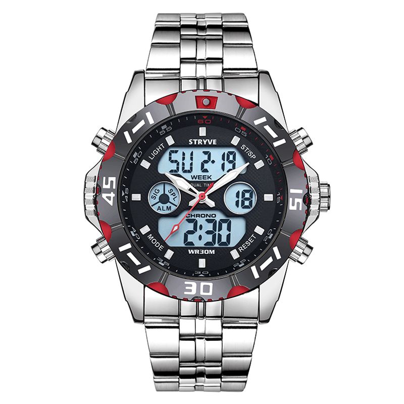 Stryve S8011 Chronographe Alarme Calendrier Acier Inoxydable Sport Montre Numérique Double Affichage