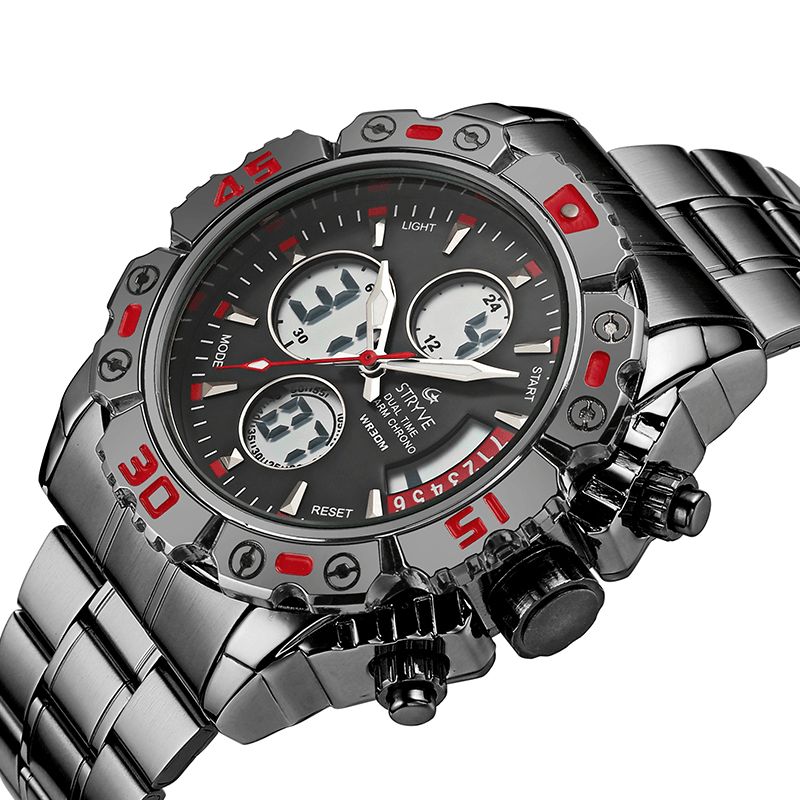 Stryve S8018 Hommes Plein Acier Étanche Date Semaine Chrono Réveil Double Affichage Montre Numérique