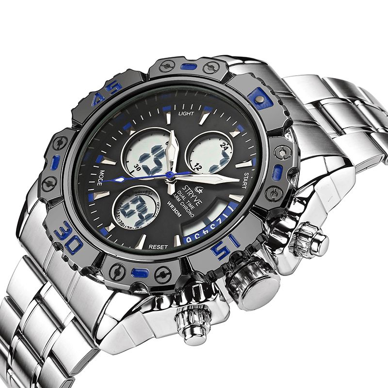 Stryve S8018 Hommes Plein Acier Étanche Date Semaine Chrono Réveil Double Affichage Montre Numérique