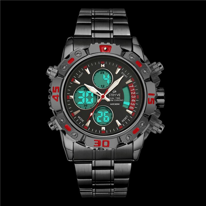 Stryve S8018 Hommes Plein Acier Étanche Date Semaine Chrono Réveil Double Affichage Montre Numérique