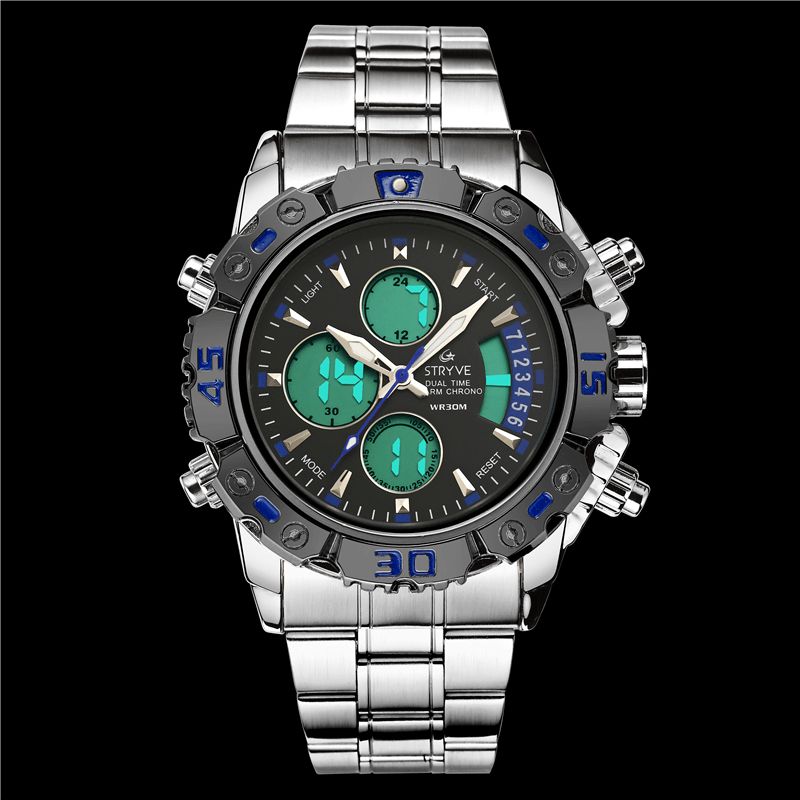 Stryve S8018 Hommes Plein Acier Étanche Date Semaine Chrono Réveil Double Affichage Montre Numérique