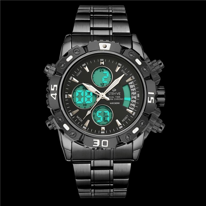 Stryve S8018 Hommes Plein Acier Étanche Date Semaine Chrono Réveil Double Affichage Montre Numérique