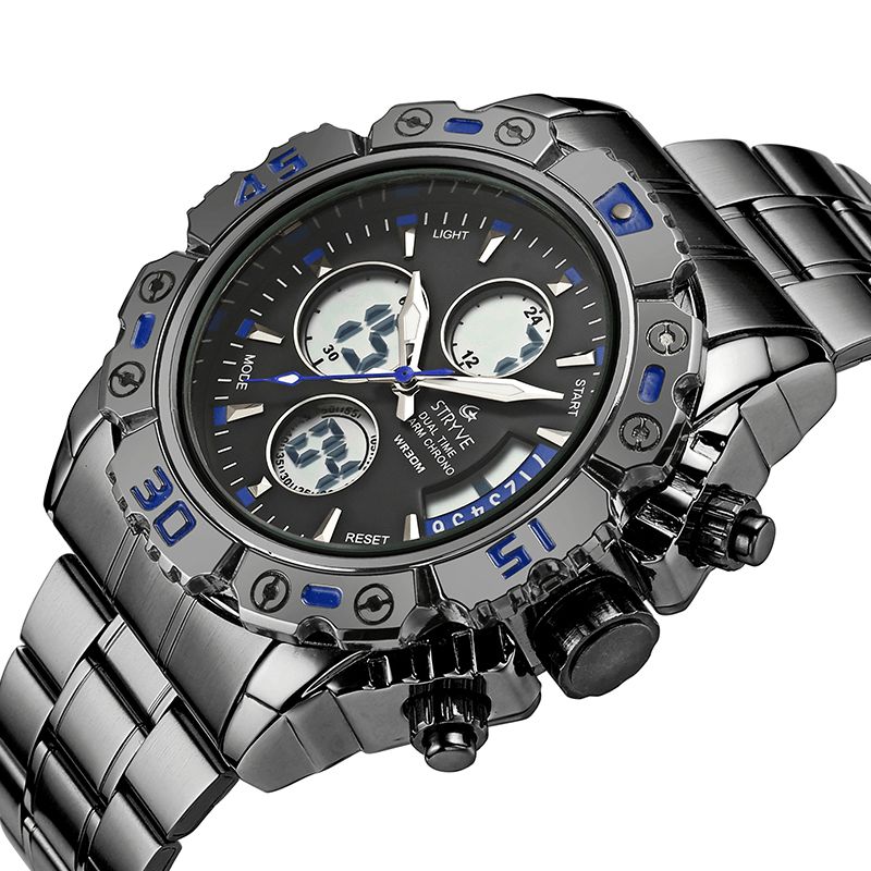 Stryve S8018 Hommes Plein Acier Étanche Date Semaine Chrono Réveil Double Affichage Montre Numérique