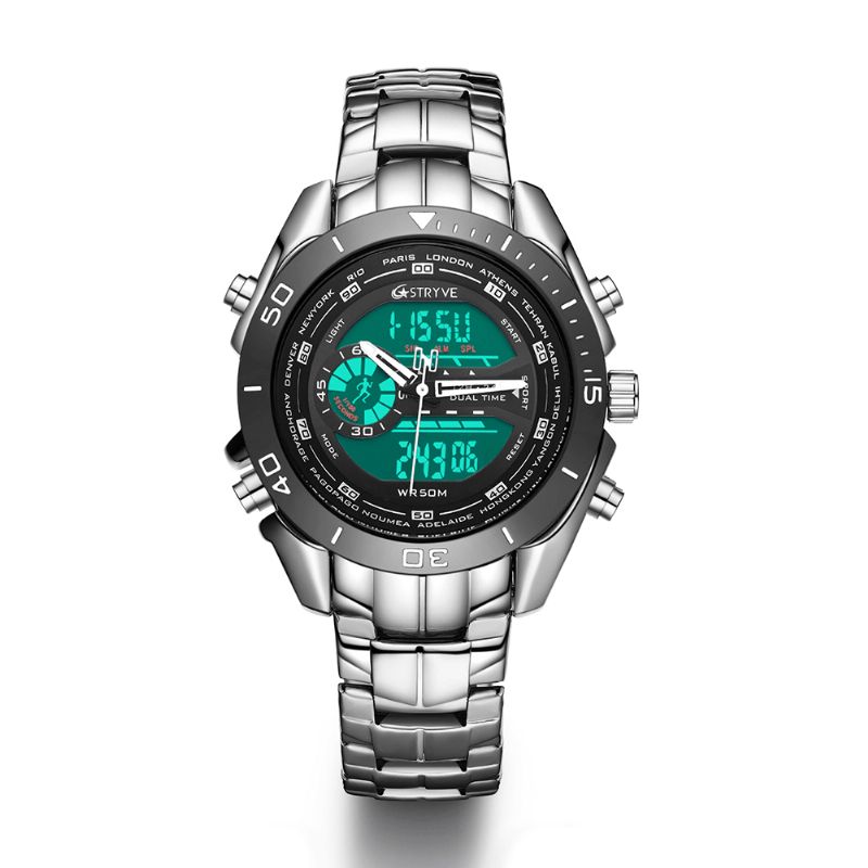 Stryve S8019 Hommes Luminoud Affichage Réveil Chronographe Sport Bracelet En Acier Double Affichage Montre Numérique