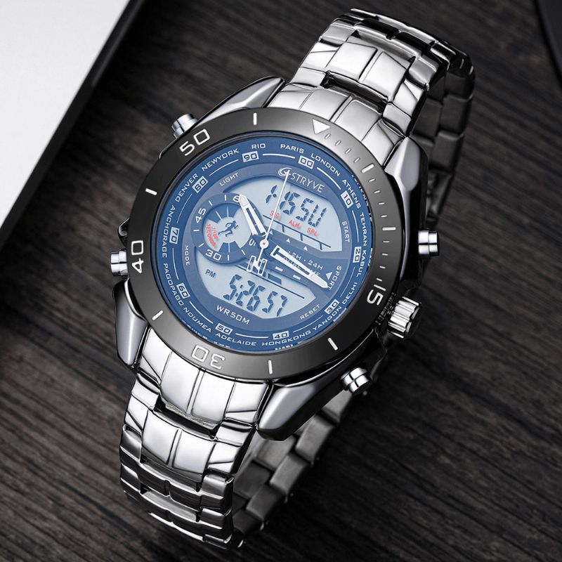 Stryve S8019 Hommes Luminoud Affichage Réveil Chronographe Sport Bracelet En Acier Double Affichage Montre Numérique