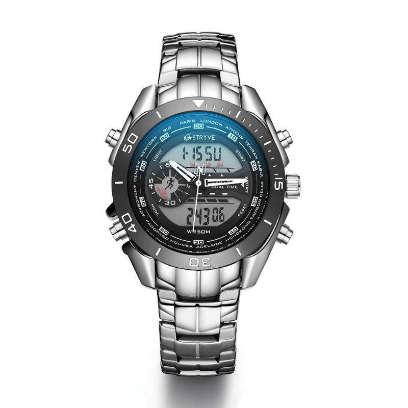 Stryve S8019 Hommes Luminoud Affichage Réveil Chronographe Sport Bracelet En Acier Double Affichage Montre Numérique