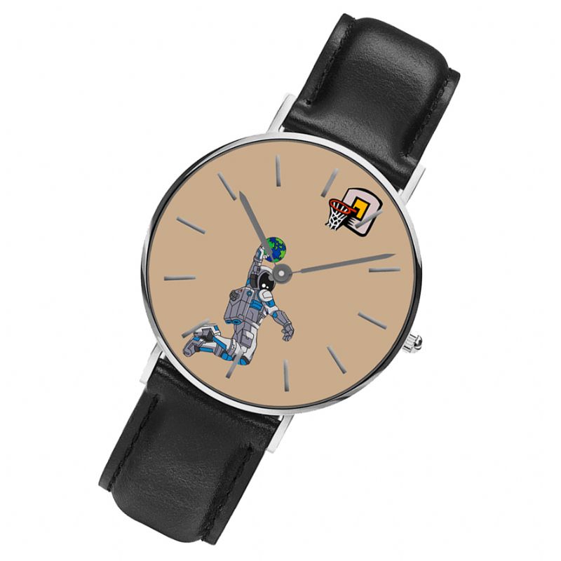 Style Décontracté Hommes Montre Dessin Animé Astronaute Et Terre Impression Pu Bracelet En Cuir Horloge Montres À Quartz