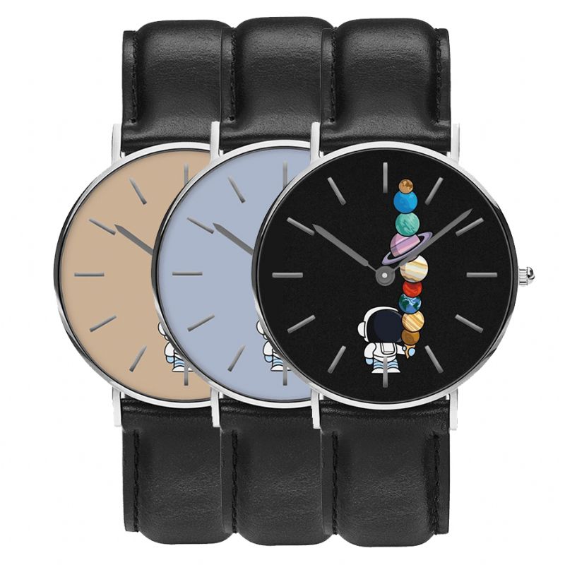 Style Décontracté Hommes Montre Dessin Animé Astronaute Étoile Glace Imprimer Pu Bracelet En Cuir Horloge Montres À Quartz