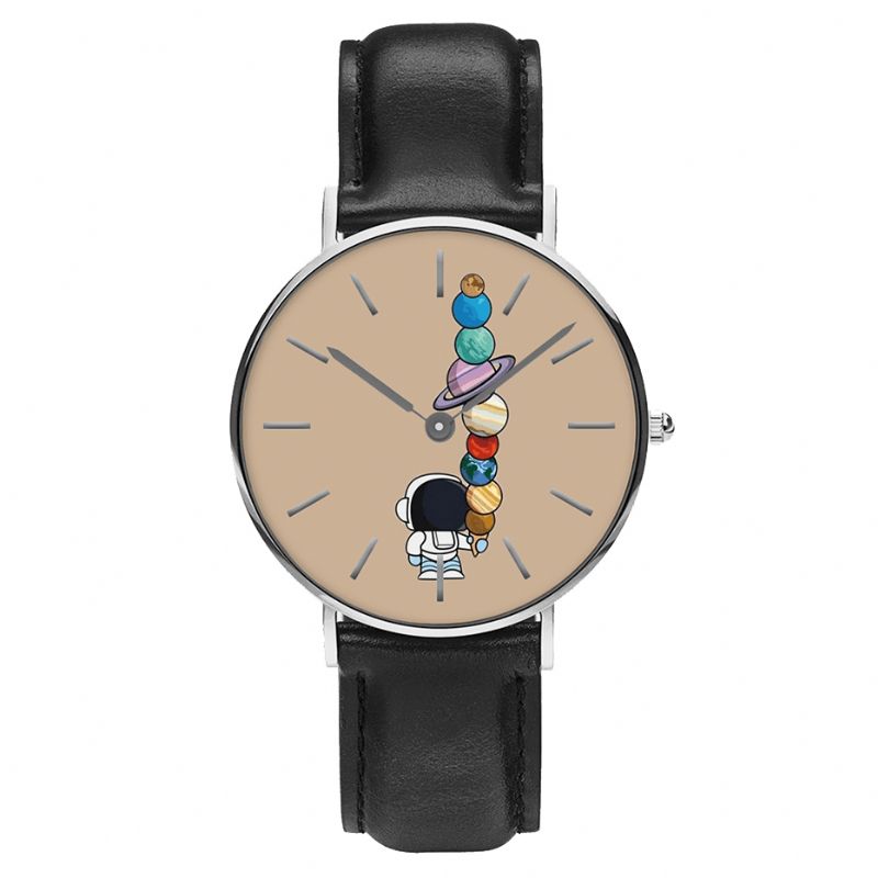 Style Décontracté Hommes Montre Dessin Animé Astronaute Étoile Glace Imprimer Pu Bracelet En Cuir Horloge Montres À Quartz