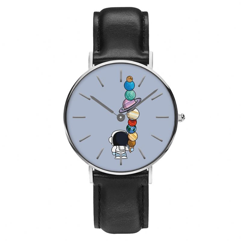 Style Décontracté Hommes Montre Dessin Animé Astronaute Étoile Glace Imprimer Pu Bracelet En Cuir Horloge Montres À Quartz