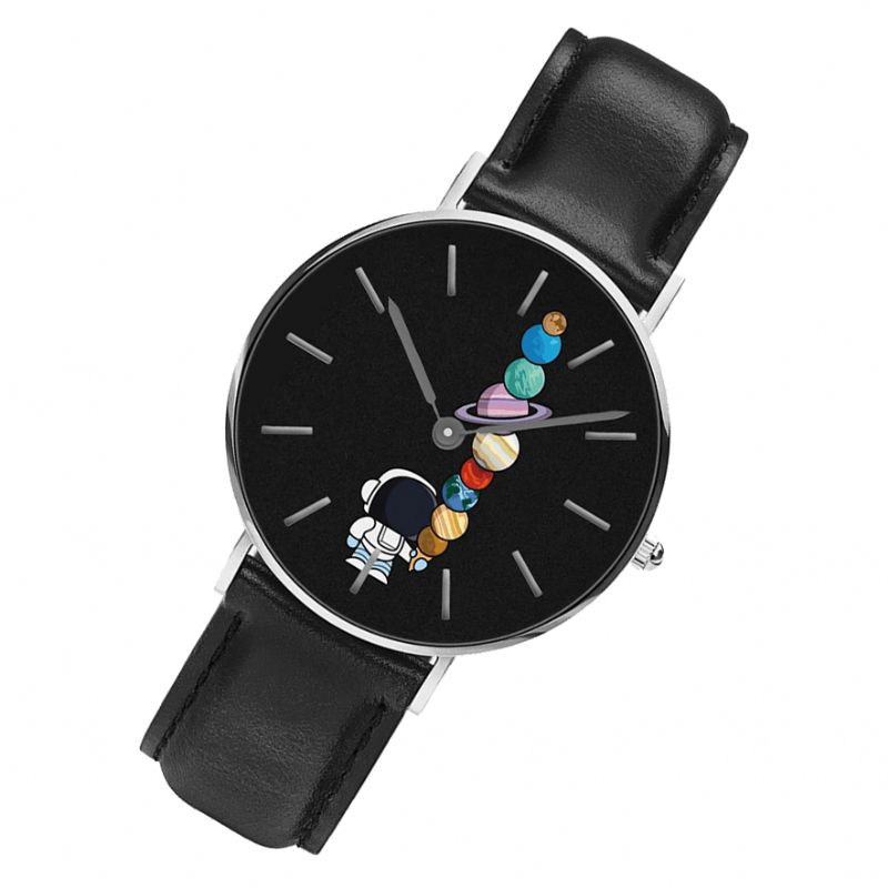 Style Décontracté Hommes Montre Dessin Animé Astronaute Étoile Glace Imprimer Pu Bracelet En Cuir Horloge Montres À Quartz