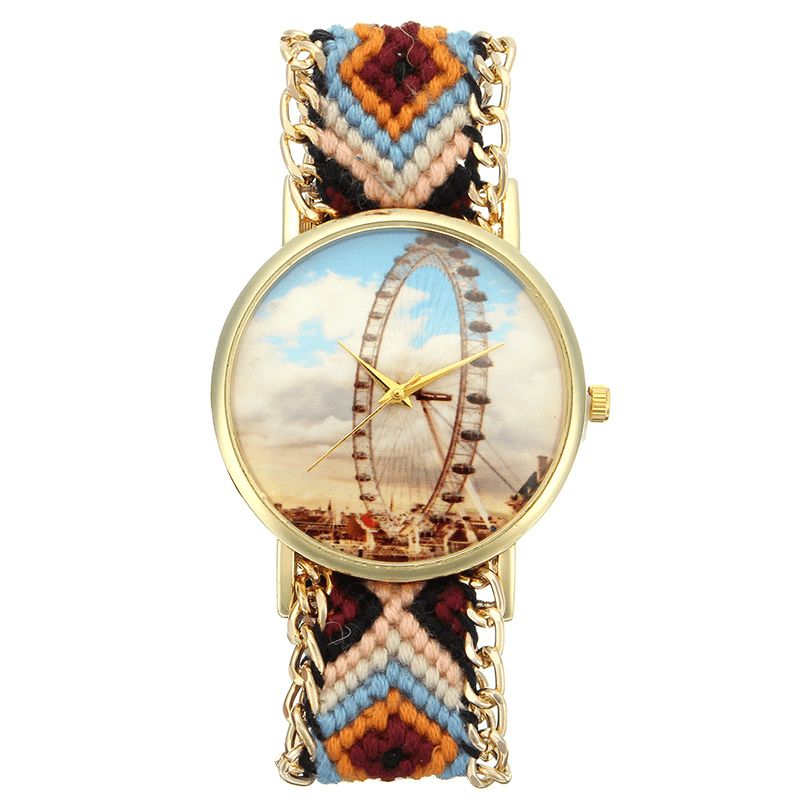 Style Folklorique Personnalisé Femmes Montre Grande Roue Boîtier En Alliage Tricoté Bracelet En Tissu Décontracté Rétro Montre-bracelet À Quartz