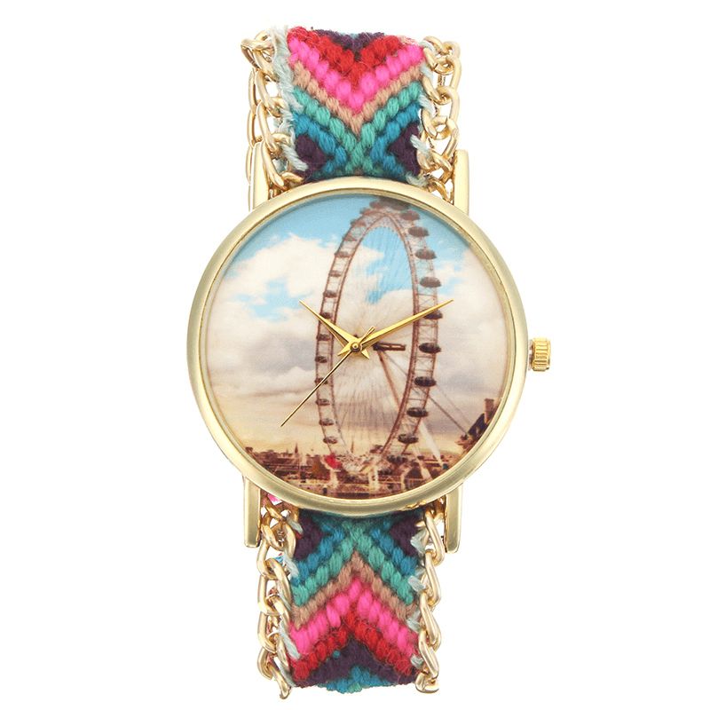 Style Folklorique Personnalisé Femmes Montre Grande Roue Boîtier En Alliage Tricoté Bracelet En Tissu Décontracté Rétro Montre-bracelet À Quartz