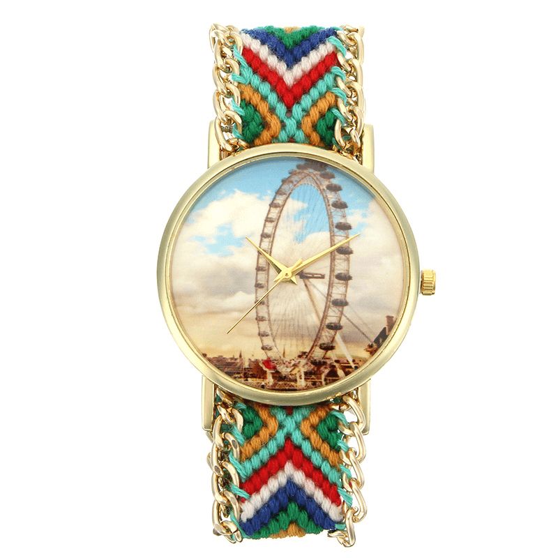 Style Folklorique Personnalisé Femmes Montre Grande Roue Boîtier En Alliage Tricoté Bracelet En Tissu Décontracté Rétro Montre-bracelet À Quartz