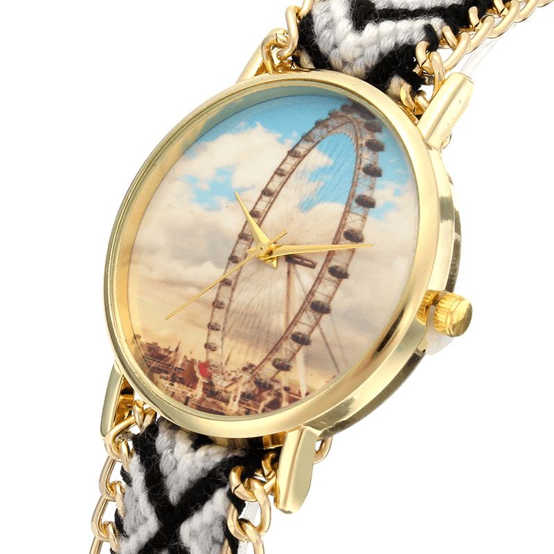 Style Folklorique Personnalisé Femmes Montre Grande Roue Boîtier En Alliage Tricoté Bracelet En Tissu Décontracté Rétro Montre-bracelet À Quartz