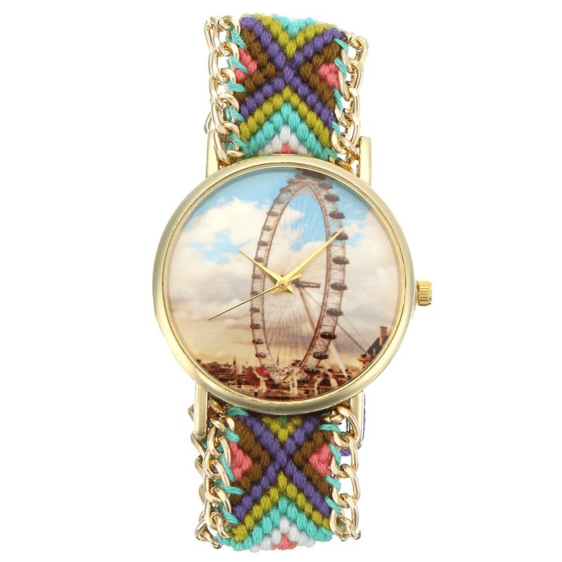 Style Folklorique Personnalisé Femmes Montre Grande Roue Boîtier En Alliage Tricoté Bracelet En Tissu Décontracté Rétro Montre-bracelet À Quartz