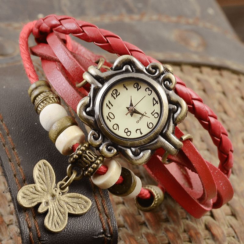 Style Rétro Multicouche Femmes Bracelet Montre Papillon Pendentif Montres À Quartz