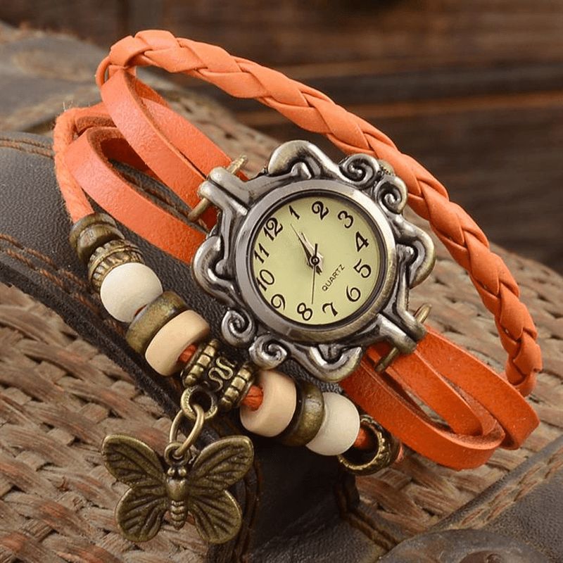 Style Rétro Multicouche Femmes Bracelet Montre Papillon Pendentif Montres À Quartz