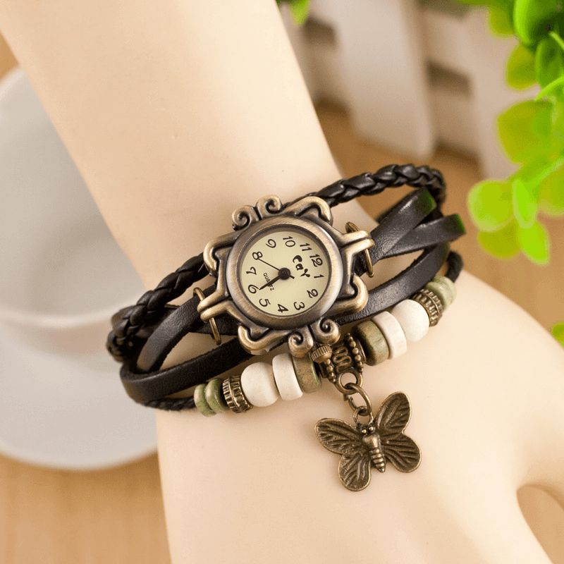 Style Rétro Multicouche Femmes Bracelet Montre Papillon Pendentif Montres À Quartz