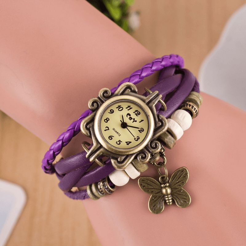 Style Rétro Multicouche Femmes Bracelet Montre Papillon Pendentif Montres À Quartz