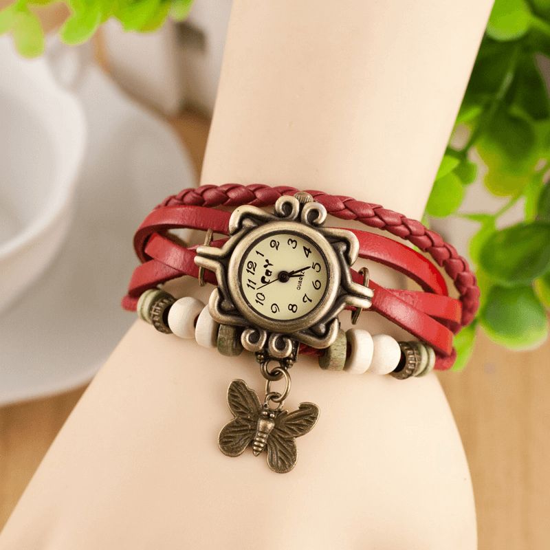 Style Rétro Multicouche Femmes Bracelet Montre Papillon Pendentif Montres À Quartz