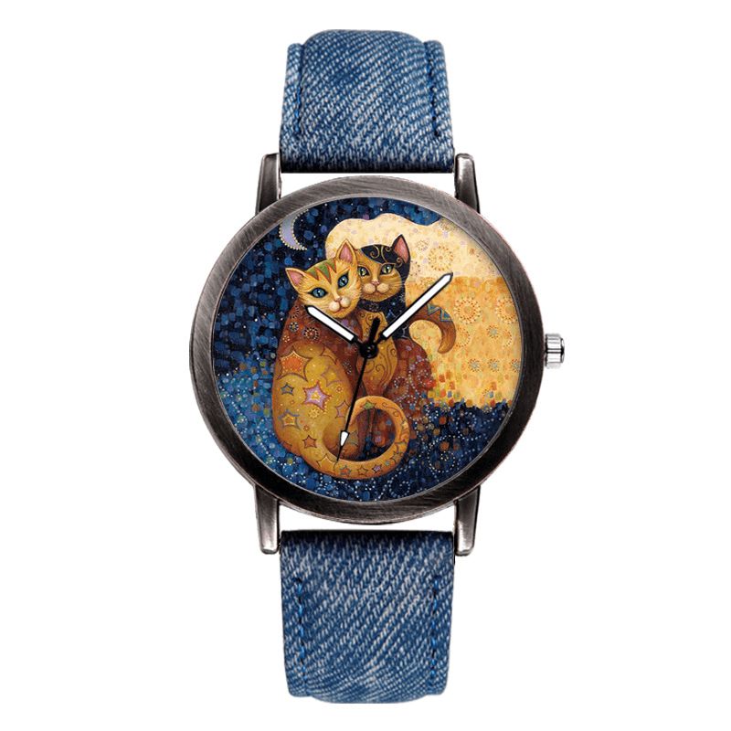 Tempérament Dessin Animé Chat Cadran Blanc All-match Denim Strap Femmes Montre À Quartz Montre-bracelet