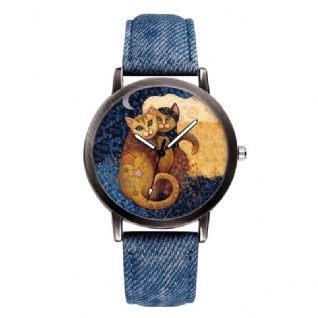 Tempérament Dessin Animé Chat Cadran Blanc All-match Denim Strap Femmes Montre À Quartz Montre-bracelet