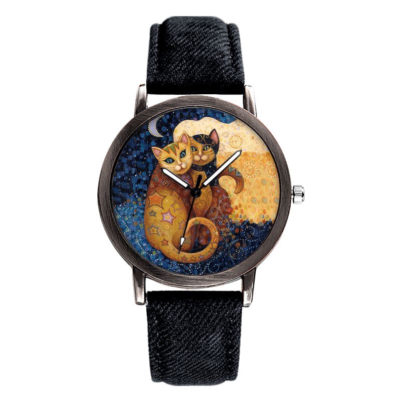 Tempérament Dessin Animé Chat Cadran Blanc All-match Denim Strap Femmes Montre À Quartz Montre-bracelet