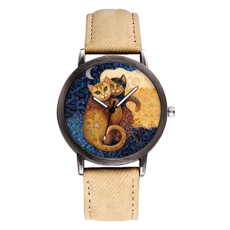 Tempérament Dessin Animé Chat Cadran Blanc All-match Denim Strap Femmes Montre À Quartz Montre-bracelet