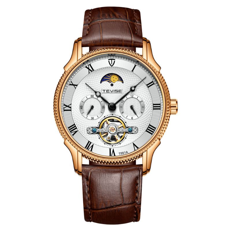 Tevise T851a Montre Mécanique Automatique Phase De Lune Chiffre Romain Bracelet En Cuir Montre Homme