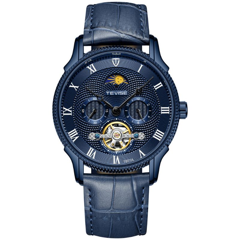 Tevise T851a Montre Mécanique Automatique Phase De Lune Chiffre Romain Bracelet En Cuir Montre Homme