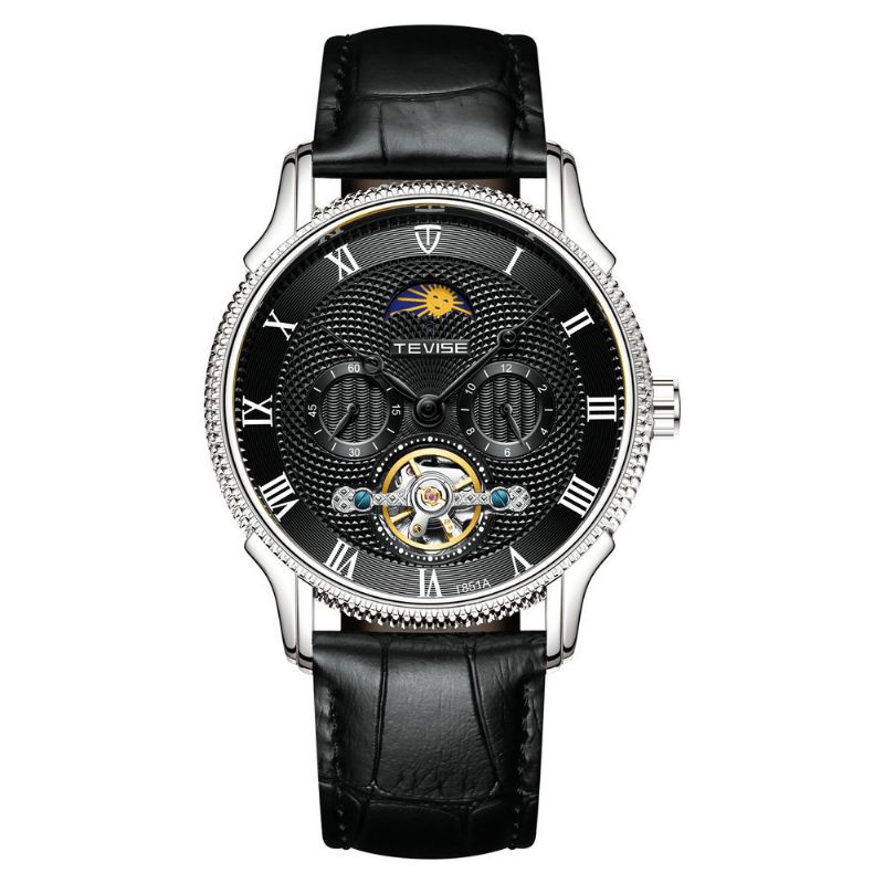 Tevise T851a Montre Mécanique Automatique Phase De Lune Chiffre Romain Bracelet En Cuir Montre Homme