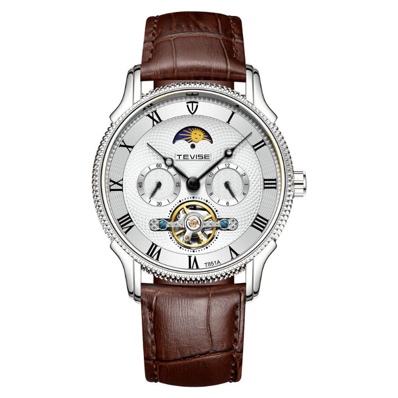 Tevise T851a Montre Mécanique Automatique Phase De Lune Chiffre Romain Bracelet En Cuir Montre Homme