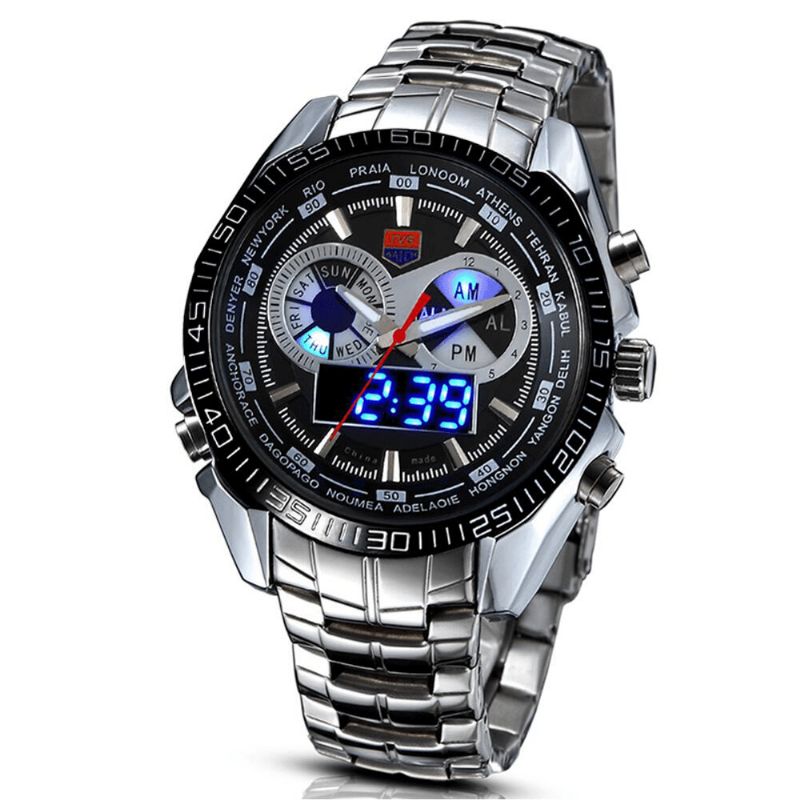 Tvg 468 Hommes Luxe Acier Bande Date Affichage Lumineux Mode Sport Double Affichage Montre Numérique