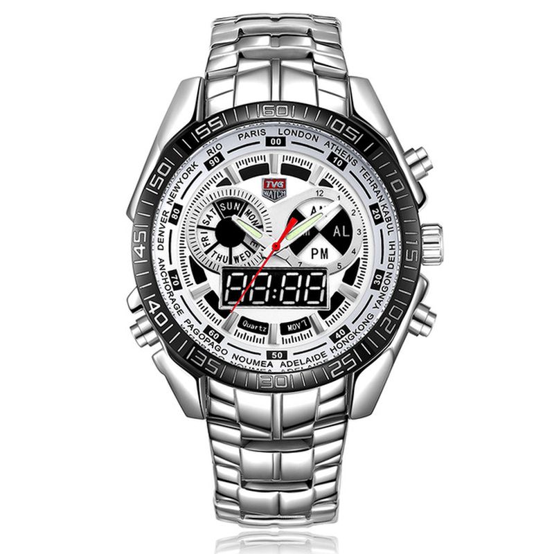 Tvg 468 Hommes Luxe Acier Bande Date Affichage Lumineux Mode Sport Double Affichage Montre Numérique