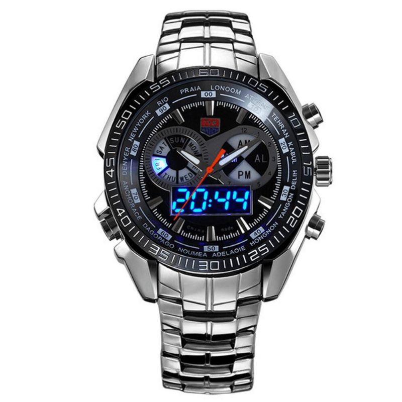 Tvg 468 Hommes Luxe Acier Bande Date Affichage Lumineux Mode Sport Double Affichage Montre Numérique