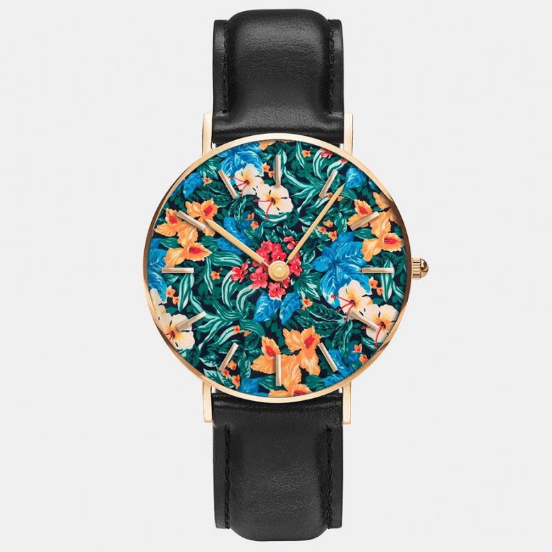 Ultra Mince Peinture À L'huile Femmes Casual Élégant Montre-bracelet Fleur Feuille Quartz Montre