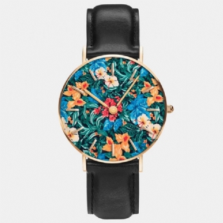 Ultra Mince Peinture À L'huile Femmes Casual Élégant Montre-bracelet Fleur Feuille Quartz Montre