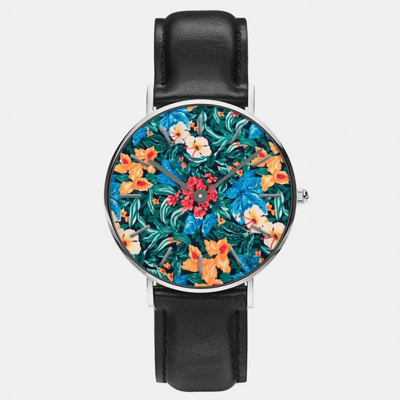 Ultra Mince Peinture À L'huile Femmes Casual Élégant Montre-bracelet Fleur Feuille Quartz Montre