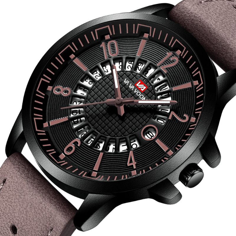 Va Va Voom Va-206 Affichage De La Date De Style Décontracté Montre À Quartz Extérieure Bracelet En Cuir Montre Pour Hommes