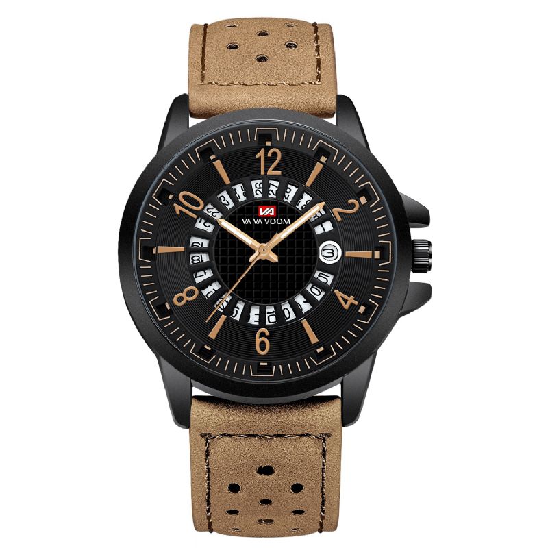 Va Va Voom Va-206 Affichage De La Date De Style Décontracté Montre À Quartz Extérieure Bracelet En Cuir Montre Pour Hommes