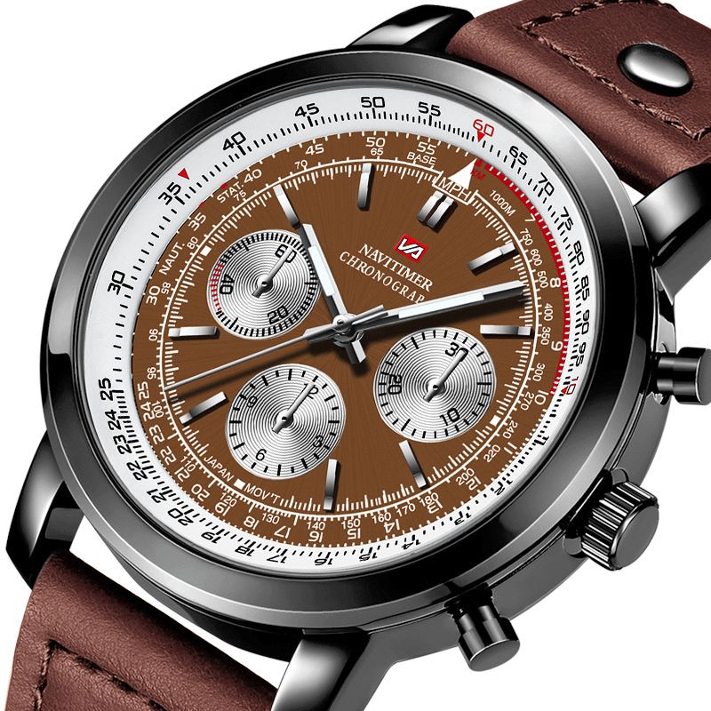 Vava Voom Va-207 Business Grand Cadran Bracelet En Cuir Véritable Chronographe Étanche Hommes Montre À Quartz