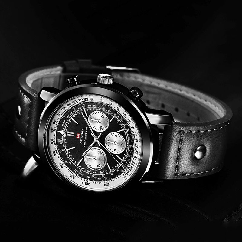 Vava Voom Va-207 Business Grand Cadran Bracelet En Cuir Véritable Chronographe Étanche Hommes Montre À Quartz