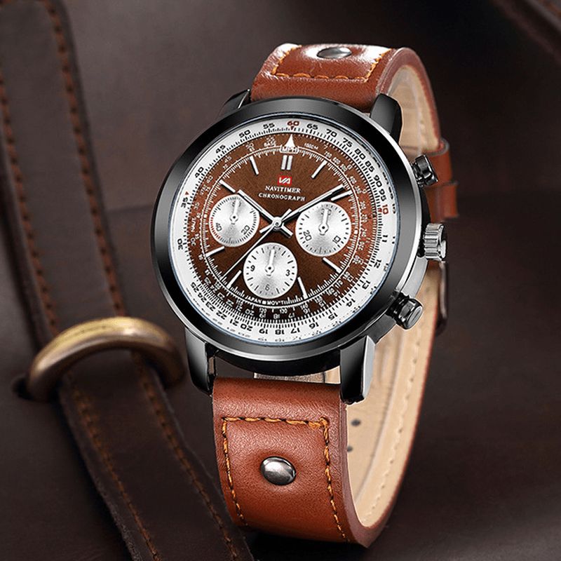 Vava Voom Va-207 Business Grand Cadran Bracelet En Cuir Véritable Chronographe Étanche Hommes Montre À Quartz