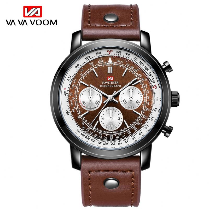 Vava Voom Va-207 Business Grand Cadran Bracelet En Cuir Véritable Chronographe Étanche Hommes Montre À Quartz