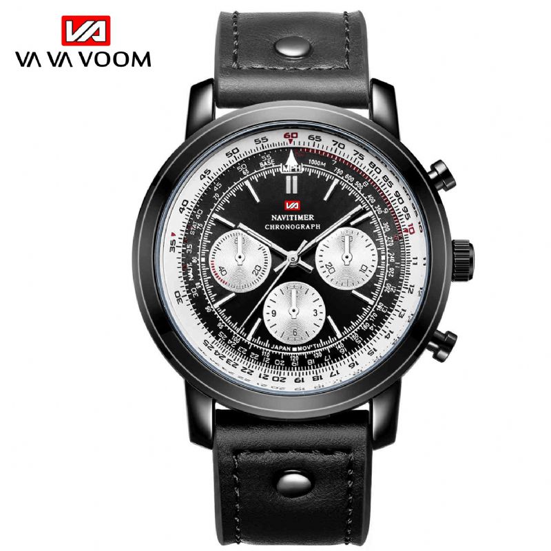 Vava Voom Va-207 Business Grand Cadran Bracelet En Cuir Véritable Chronographe Étanche Hommes Montre À Quartz